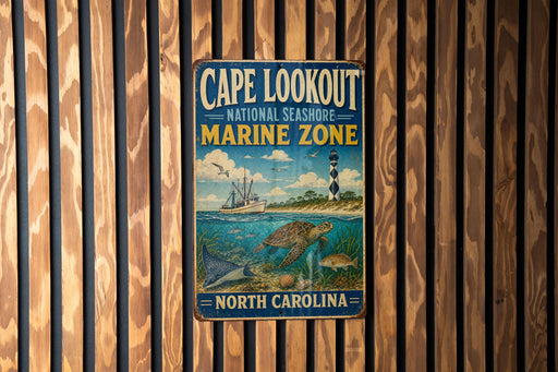 A vintage metal sign for Cape Lookout National Seashore Marine Zone, featuring an illustration of a lighthouse, a boat, and marine life, is displayed on a wooden wall.