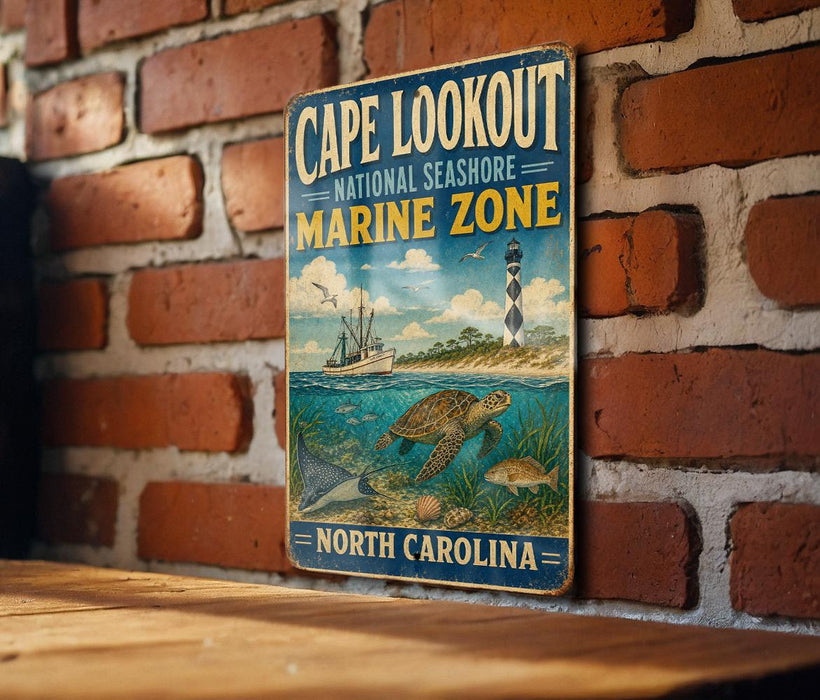 A vintage-style metal sign for Cape Lookout National Seashore Marine Zone, featuring a lighthouse and marine life, is displayed on a brick wall.