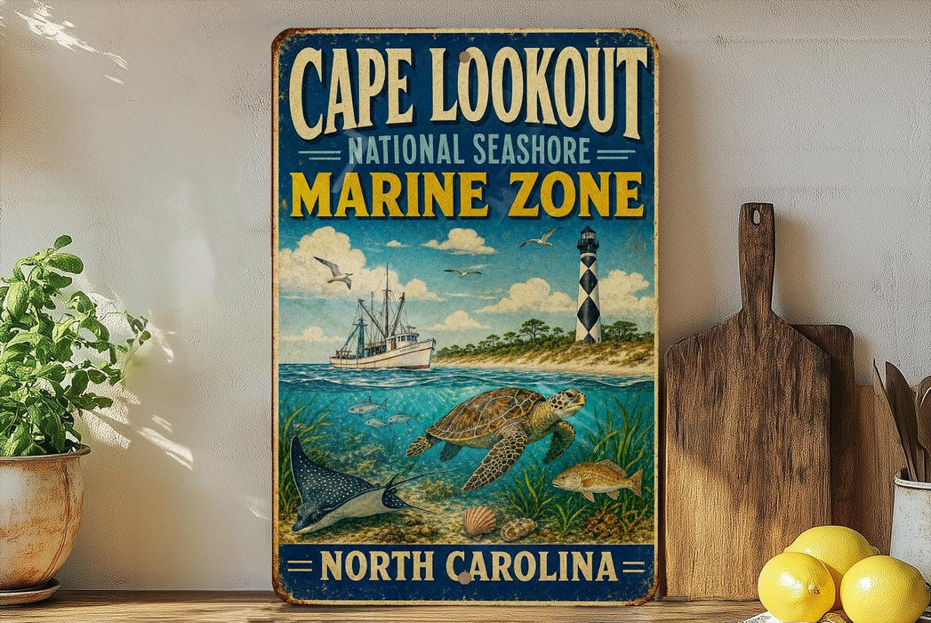 A vintage-style sign for Cape Lookout National Seashore Marine Zone, featuring an illustration of a lighthouse, a turtle, and fish in the ocean.