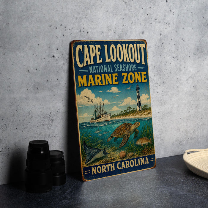 A vintage metal sign for Cape Lookout National Seashore Marine Zone, featuring an illustration of a lighthouse, a boat, and marine life, is displayed on a gray countertop.