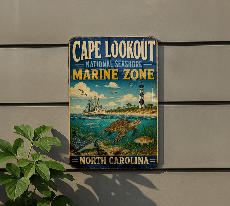 A vintage-style metal sign for Cape Lookout National Seashore Marine Zone, featuring a lighthouse, a boat, and marine life, is displayed on a wall.