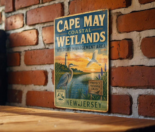 A vintage-style metal sign for Cape May Coastal Wetlands, featuring an illustration of a bird and a lighthouse, mounted on a brick wall.