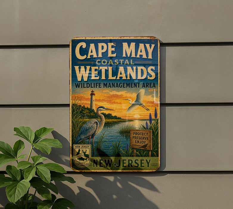 A vintage-style metal sign for Cape May Coastal Wetlands, New Jersey, featuring an illustration of a bird and a lighthouse.
