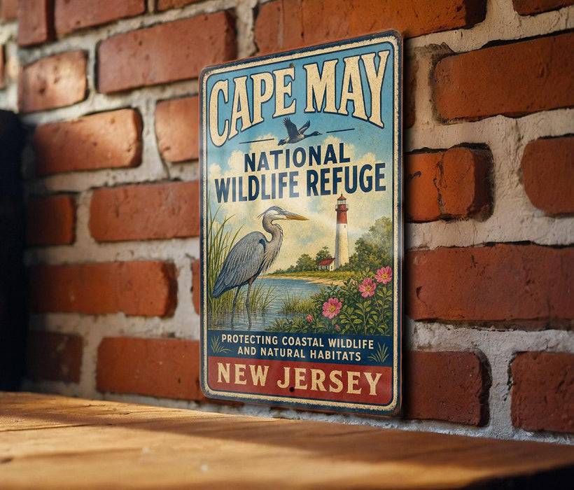 A vintage-style metal sign for Cape May National Wildlife Refuge, featuring a blue background with a bird illustration and text promoting the refuge's mission to protect coastal wildlife and natural habitats in New Jersey.