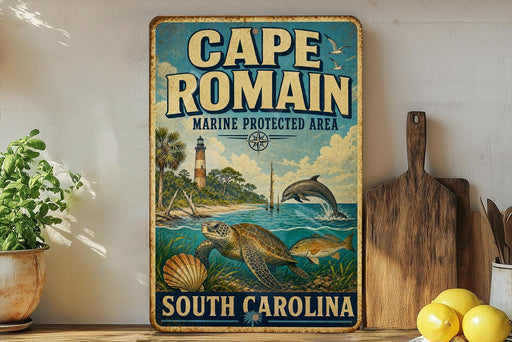 A vintage-style metal sign for Cape Romain, a marine protected area in South Carolina, featuring illustrations of marine life such as a dolphin, turtle, and fish.