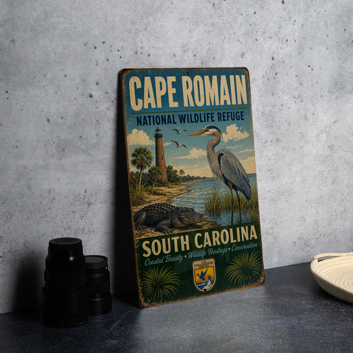 A vintage metal sign for Cape Romain National Wildlife Refuge in South Carolina, featuring an illustration of a crane, all set against a coastal landscape.