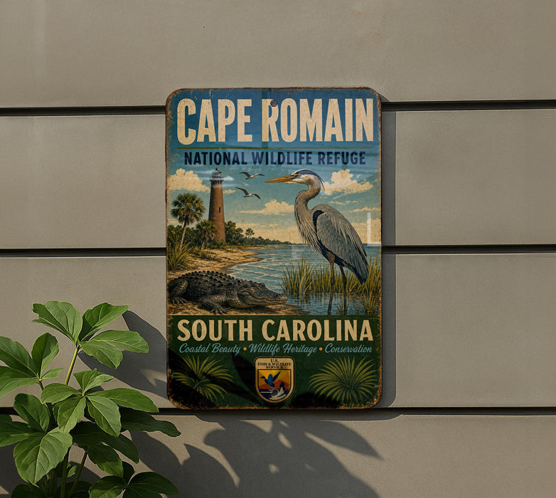 A vintage-style sign for the Cape Romain National Wildlife Refuge in South Carolina, featuring a large blue heron and a lighthouse in the background.
