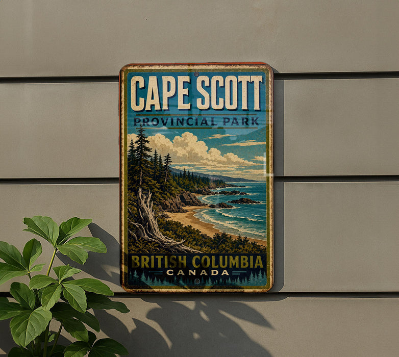 A vintage-style metal sign for Cape Scott Provincial Park in British Columbia, Canada, featuring a scenic landscape with a beach, mountains, and trees.
