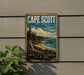 A vintage-style metal sign for Cape Scott Provincial Park in British Columbia, Canada, featuring a scenic landscape with a beach, mountains, and trees.