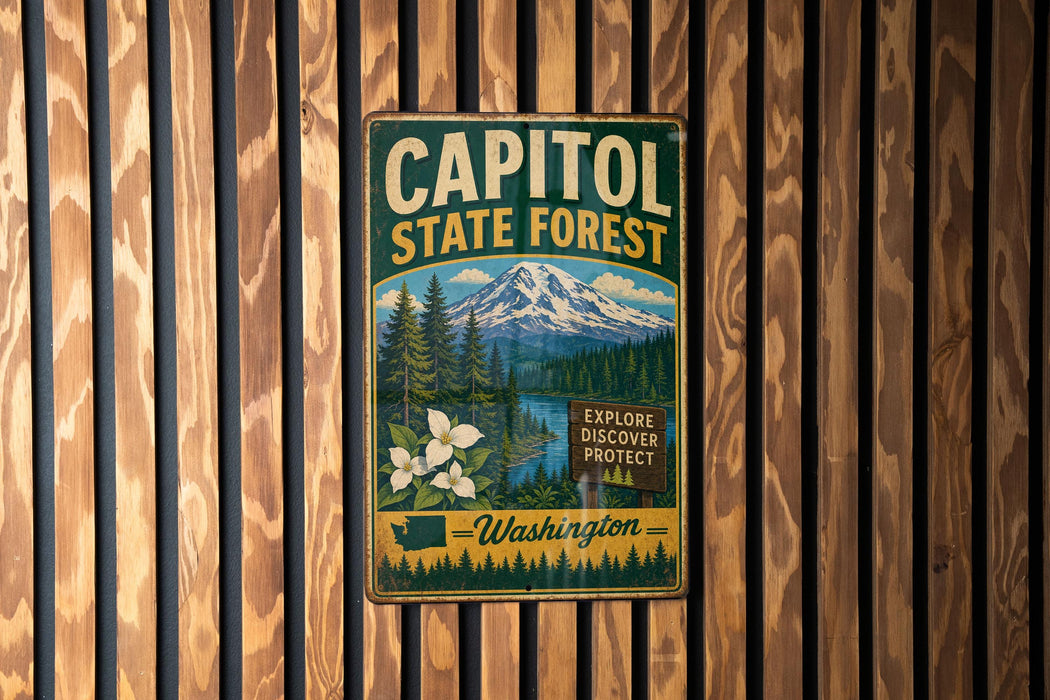 A vintage metal sign for Capitol State Forest in Washington, featuring a mountain landscape with white flowers and a river.