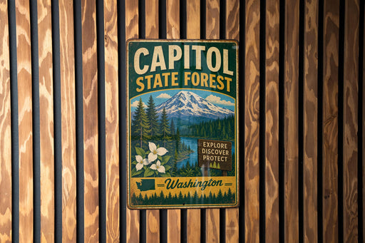 A vintage metal sign for Capitol State Forest in Washington, featuring a mountain landscape with white flowers and a river.