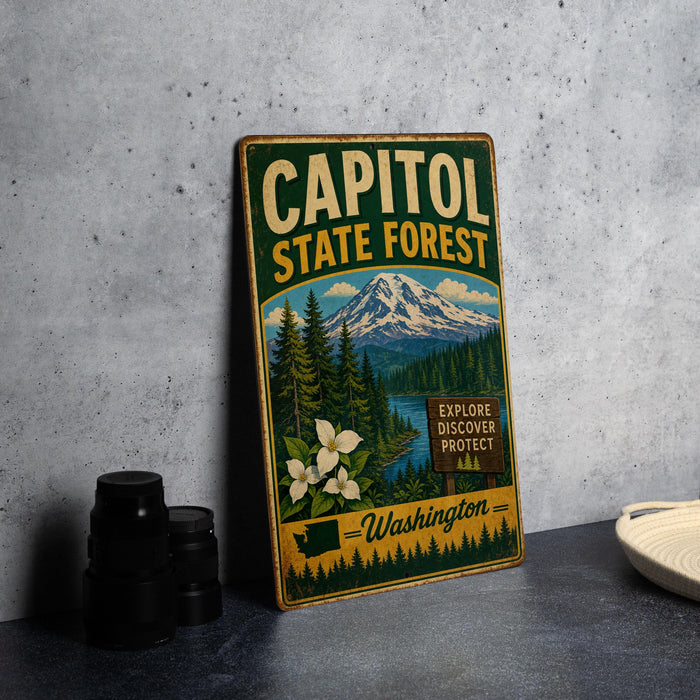 A vintage-style metal sign for Capitol State Forest in Washington, featuring a mountain landscape and the text "Explore Discover Protect Washington".