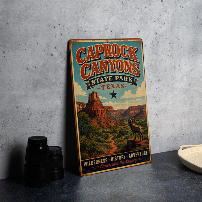 A vintage-style metal sign for Caprock Canyon State Park in Texas, featuring an illustration of the iconic rock formations and a lone ram.