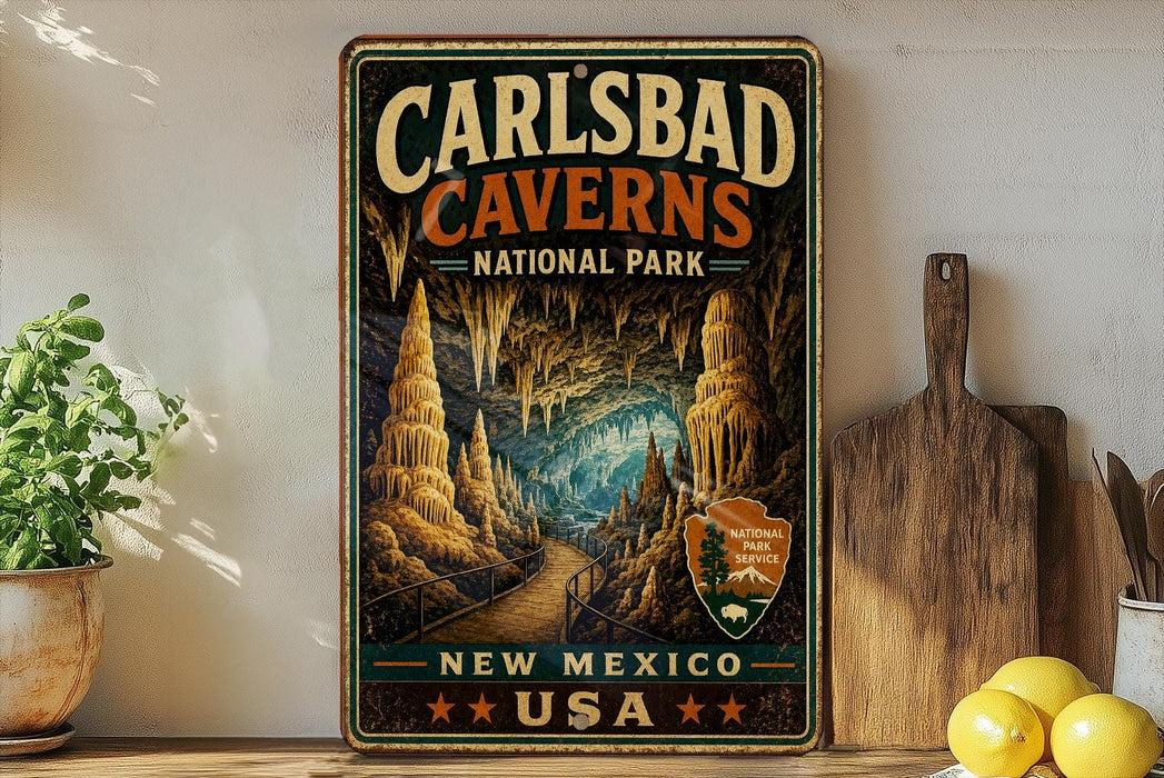 A vintage-style metal sign for Carlsbad Caves National Park in New Mexico, USA, featuring an illustration of the cave system with stalactites and stalagmites.