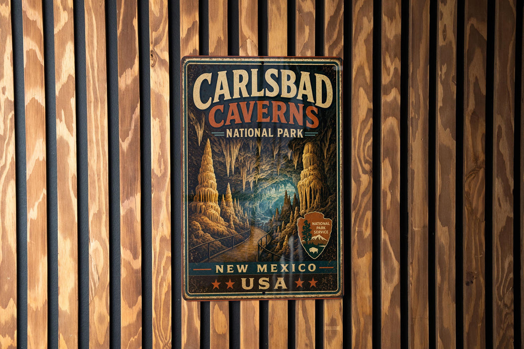 A vintage-style metal sign for Carlsbad Caves National Park in New Mexico, USA, featuring an illustration of the cave system.