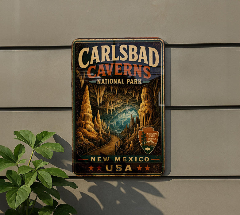 A vintage-style metal sign for Carlsbad Caves National Park, New Mexico, USA, featuring an illustration of the cave system and the park's name.