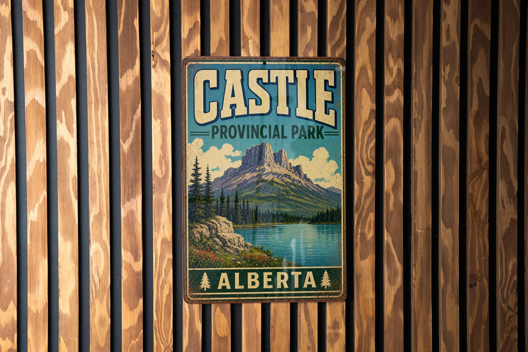 A vintage-style metal sign for Castle Provincial Park in Alberta, Canada, featuring a mountain landscape and a lake.