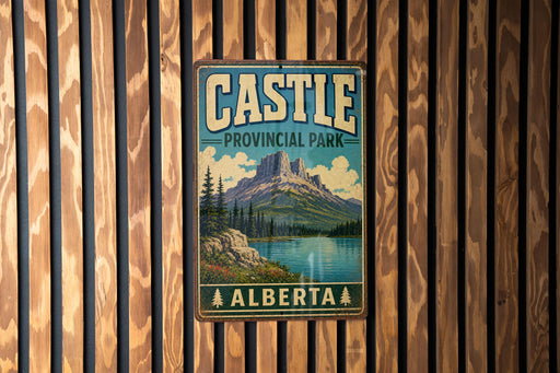 A vintage-style metal sign for Castle Provincial Park in Alberta, Canada, featuring a mountain landscape and a lake.