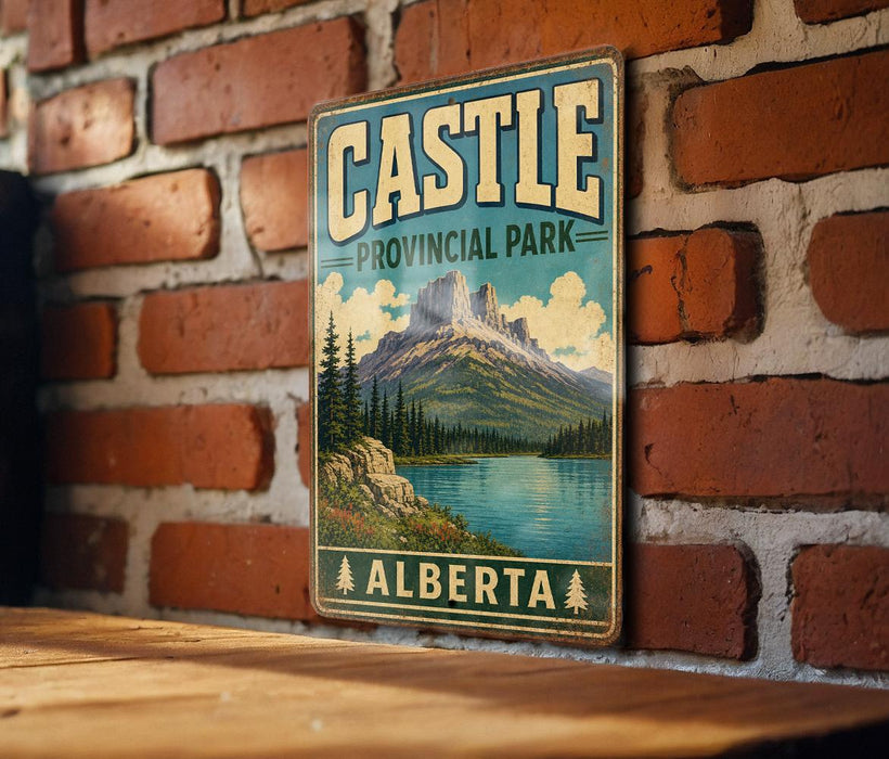 A vintage-style metal sign for Castle Provincial Park in Alberta, Canada, featuring a mountain landscape and a lake.