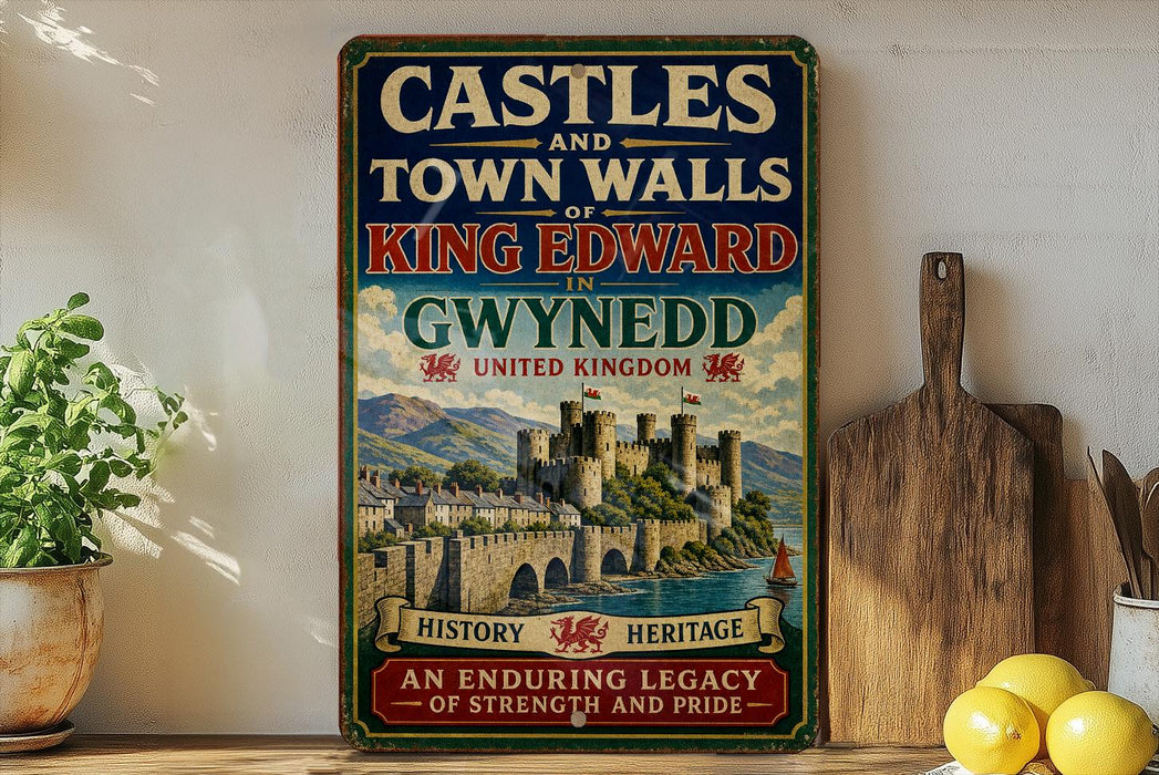 A vintage-style sign for the Castle and Town Walls of Gwynedd, United Kingdom, featuring a castle and a river.
