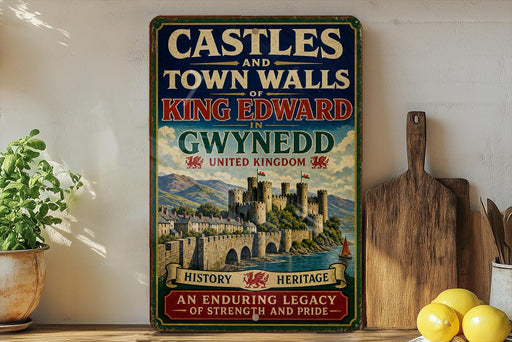 A vintage-style sign for the Castle and Town Walls of Gwynedd, United Kingdom, featuring a castle and a river.