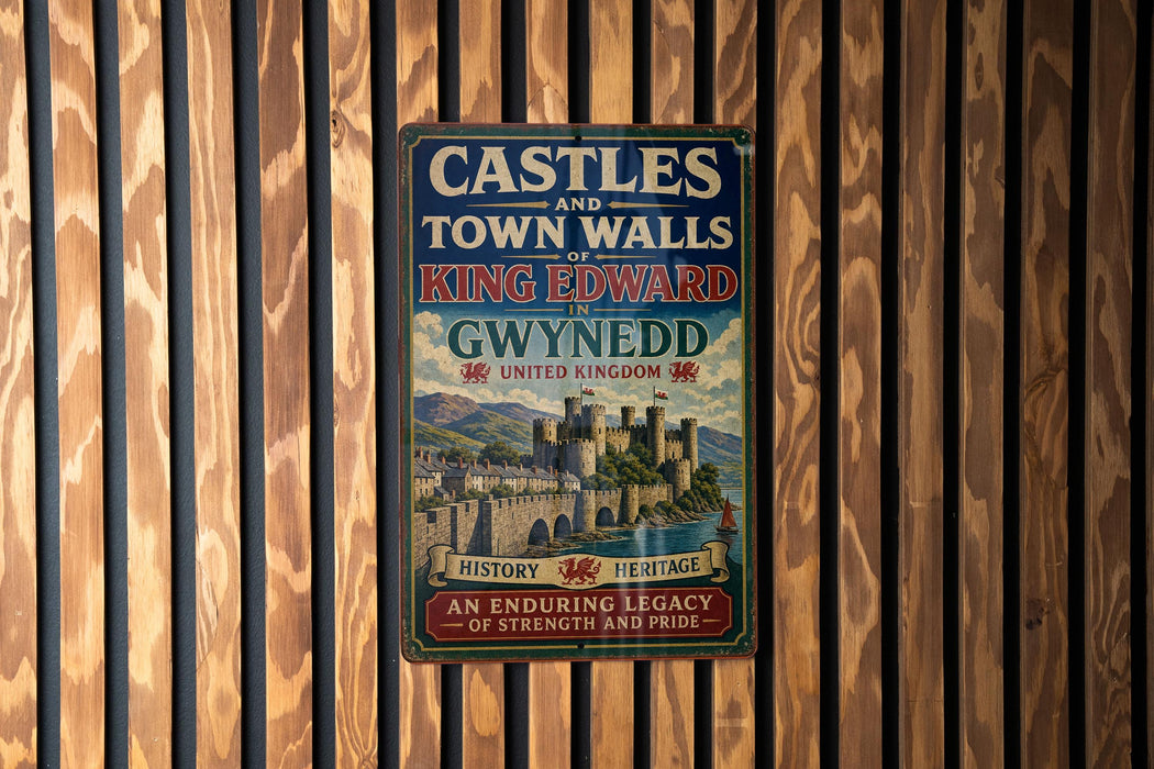 A vintage metal sign with the title "CASTLES AND TOWN WALLS OF KING EDWARD GYNEDD" is displayed on a wooden wall.