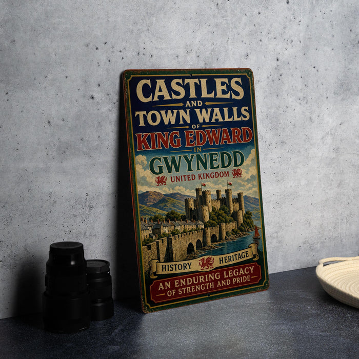 A vintage metal sign with the title "CASTLES AND TOWN WALLS OF KING EDWARD Gwynedd" and an illustration of a castle, placed on a gray countertop next to a stack of black camera lenses.