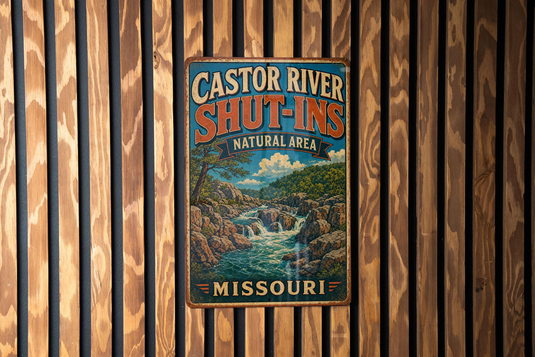A vintage metal sign with the text "CASTOR RIVER SHUT-INS NATURAL AREA" and "MISSOURI" is displayed on a wooden wall.