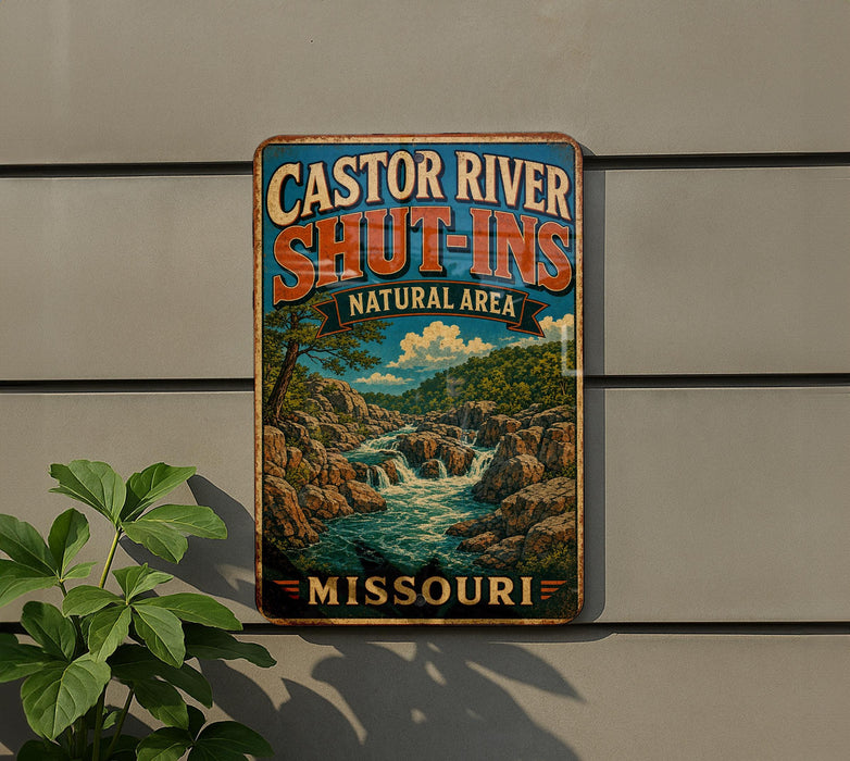 A vintage-style metal sign for the "Castor River Shut-Ins Natural Area" in Missouri, featuring a scenic illustration of a river and mountains.