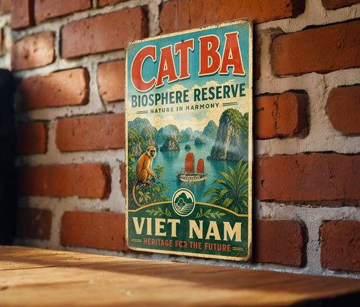 A vintage metal sign with the text "CAT BA BIOSPHERE RESERVE NATURE IN HARMONY VIET NAM" and a picture of a jungle scene with a boat.