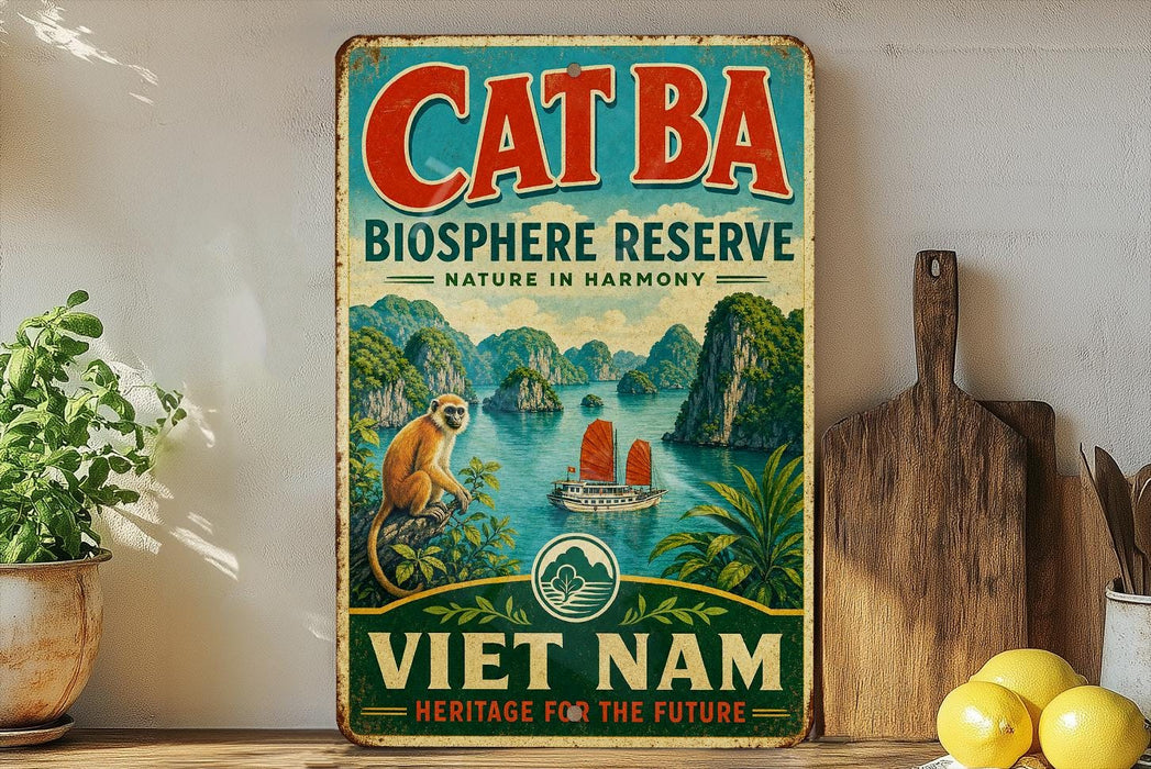 A vintage-style sign for the Cat Ba Bioscape Reserve in Vietnam, featuring a monkey and a boat on a tropical island.