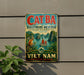 a vintage sign for Cat Ba Biosphere Reserve, Vietnam, with a tropical landscape and a boat in the water.
