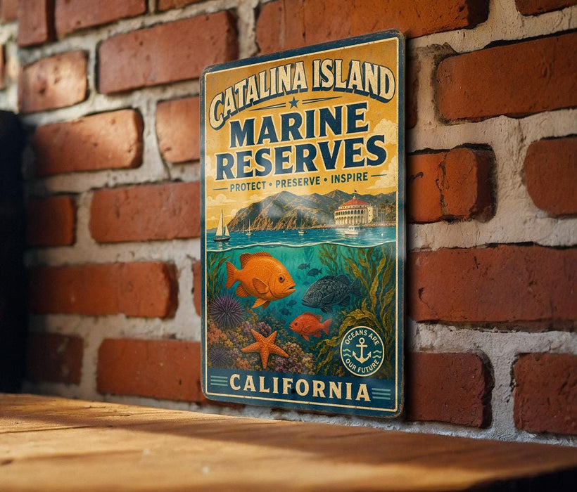 A vintage metal sign for Catalina Island Marine Reserves, featuring an illustration of marine life and a coastal landscape.