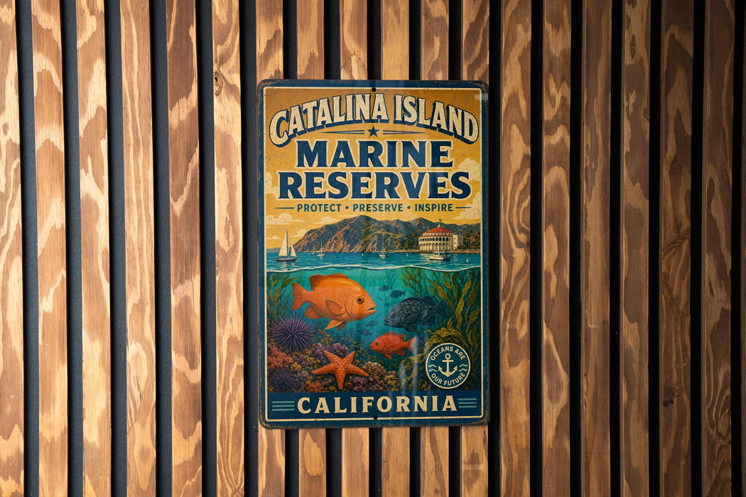 A metal sign with the text "Catalina Island Marine Reserves" and "California" is displayed on a wooden wall.