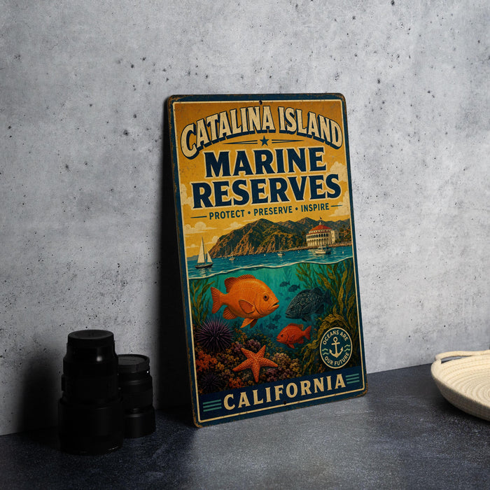 A vintage metal sign for Catalina Island Marine Reserves, featuring illustrations of marine life and a scenic coastal landscape.