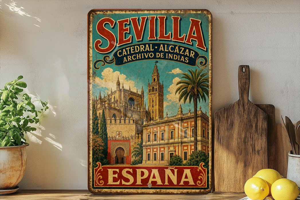 a vintage metal sign with the text "SEVILLA CATEDRAL ALCAZAR ARCHIVO DE INDIAS" and "ESPAÑA" on it, depicting a cityscape with a cathedral and palm trees. The sign is placed on a shelf next to a wooden cutting board and a potted plant.