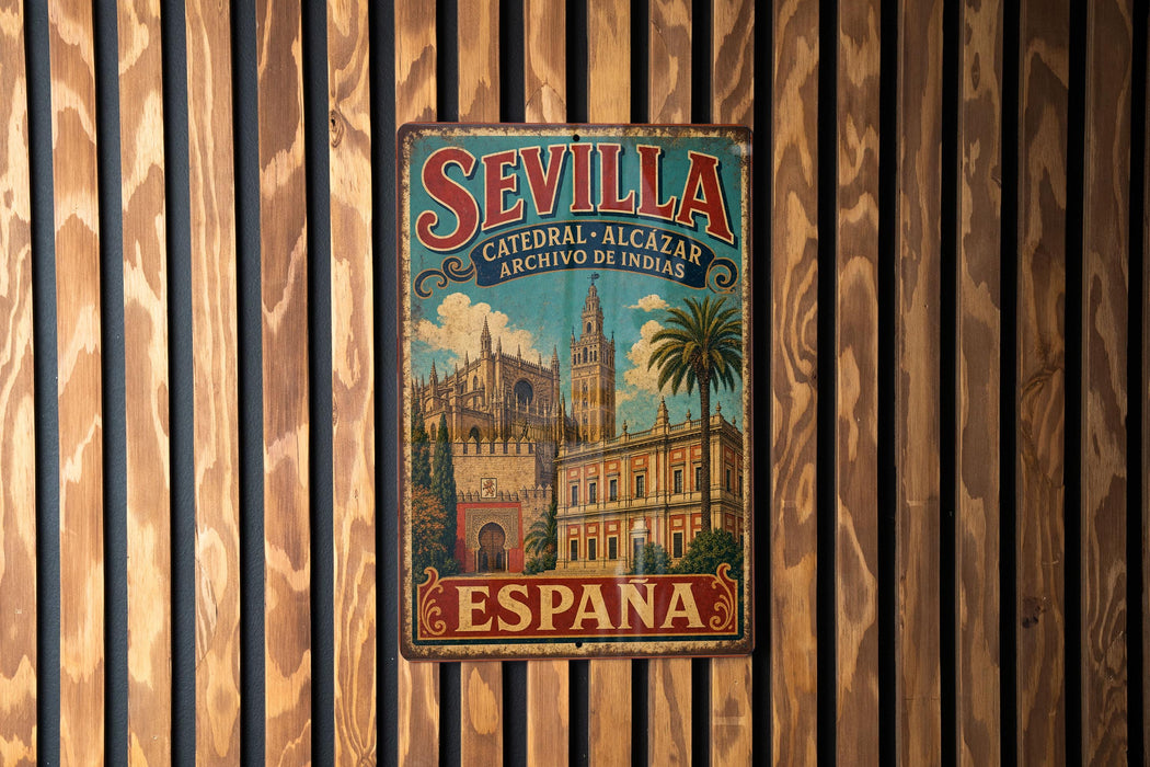 A vintage metal sign with the text "SEVILLA Catedral-Alcazar Archivo de Indias" and "ESPAÑA" is displayed on a wooden wall.