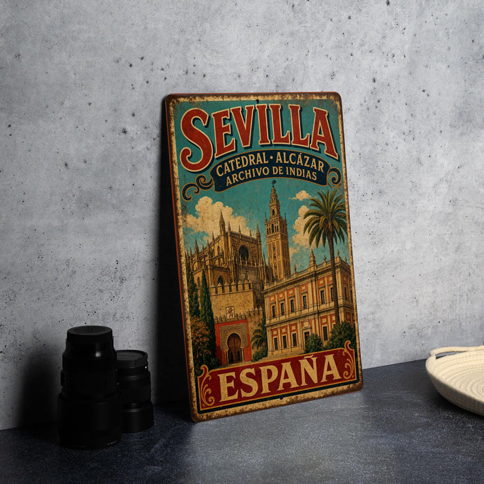 A vintage metal sign for the Cathedral of Seville, Spain, featuring an illustration of the cathedral and the text "SEVILLA CATERAL - ALCAZAR ARCHIVO DE INDIA".