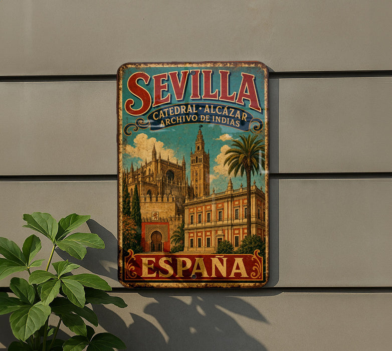 a vintage metal sign with the text "SEVILLA CATEDRAL ALCAZAR ARCHIVO DE INDIAS" and "ESPAÑA" on it, which is mounted on a wall.