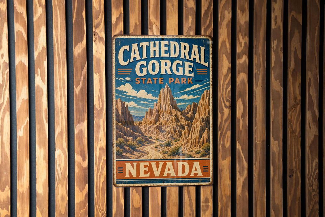 A vintage metal sign for Cathedral Gorge State Park in Nevada, featuring a scenic mountain landscape.