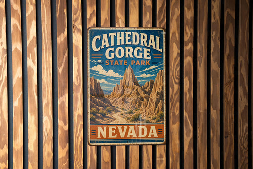 A vintage metal sign for Cathedral Gorge State Park in Nevada, featuring a scenic mountain landscape.