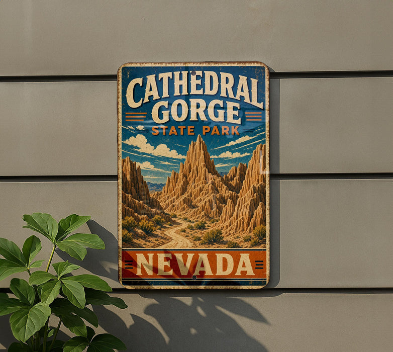 A vintage-style sign for Cathedral Gorge State Park in Nevada, featuring a scenic mountain landscape.