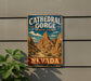 A vintage-style sign for Cathedral Gorge State Park in Nevada, featuring a scenic mountain landscape.