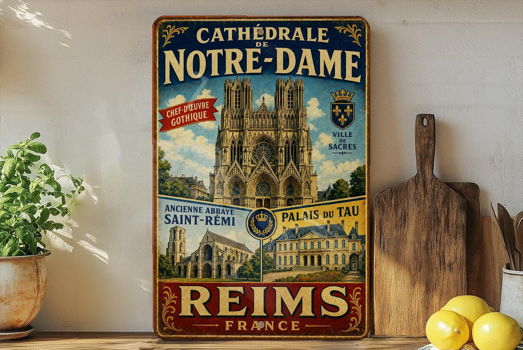 A vintage-style metal sign advertising the Cathedrale de Notre-Dame in Paris, France, featuring images of the cathedral and surrounding buildings.