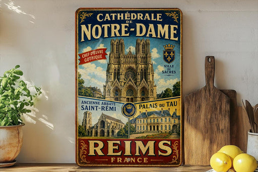 A vintage-style metal sign advertising the Cathedrale de Notre-Dame in Paris, France, featuring images of the cathedral and surrounding buildings.