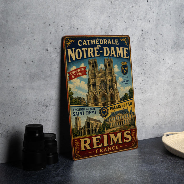 A vintage metal sign advertising the Cathedrale Notre-Dame in Paris, France, featuring the iconic Notre-Dame Cathedral and other landmarks.