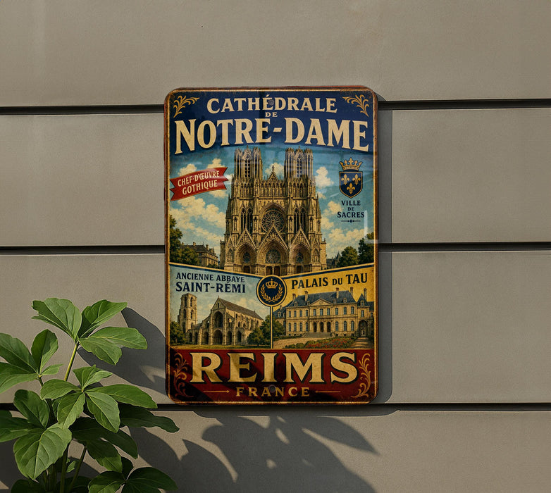A vintage metal sign advertising the Cathedra de Notre-Dame in Paris, France, featuring the cathedral's spires and surrounding architecture.
