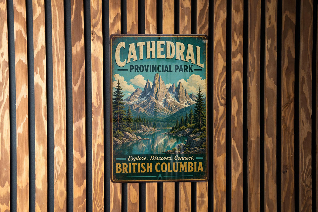 A vintage metal sign for Cathedral Provincial Park in British Columbia, featuring a scenic mountain landscape.