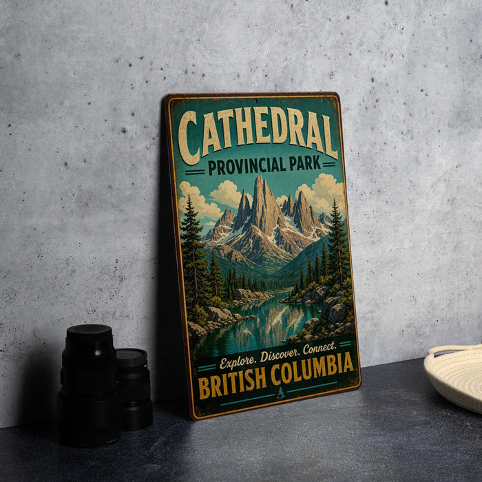 A vintage-style metal sign for Cathedral Provincial Park in British Columbia, Canada, featuring a scenic mountain landscape.