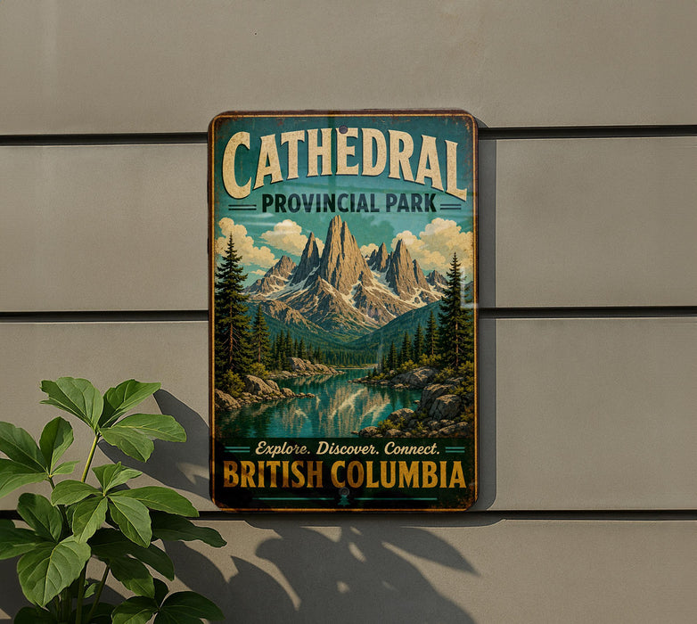 A vintage-style metal sign for Cathedral Provincial Park in British Columbia, Canada, featuring a scenic mountain landscape.